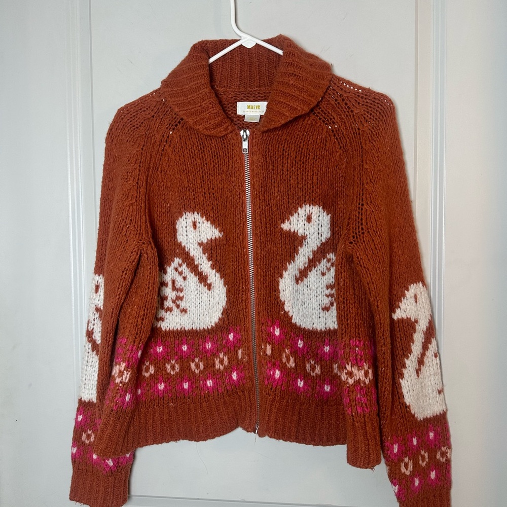 Anthropologie Maeve Rust Orange Swan Open Knit Wool Blend Zip Up Sweater, XS - Picture 13 of 14